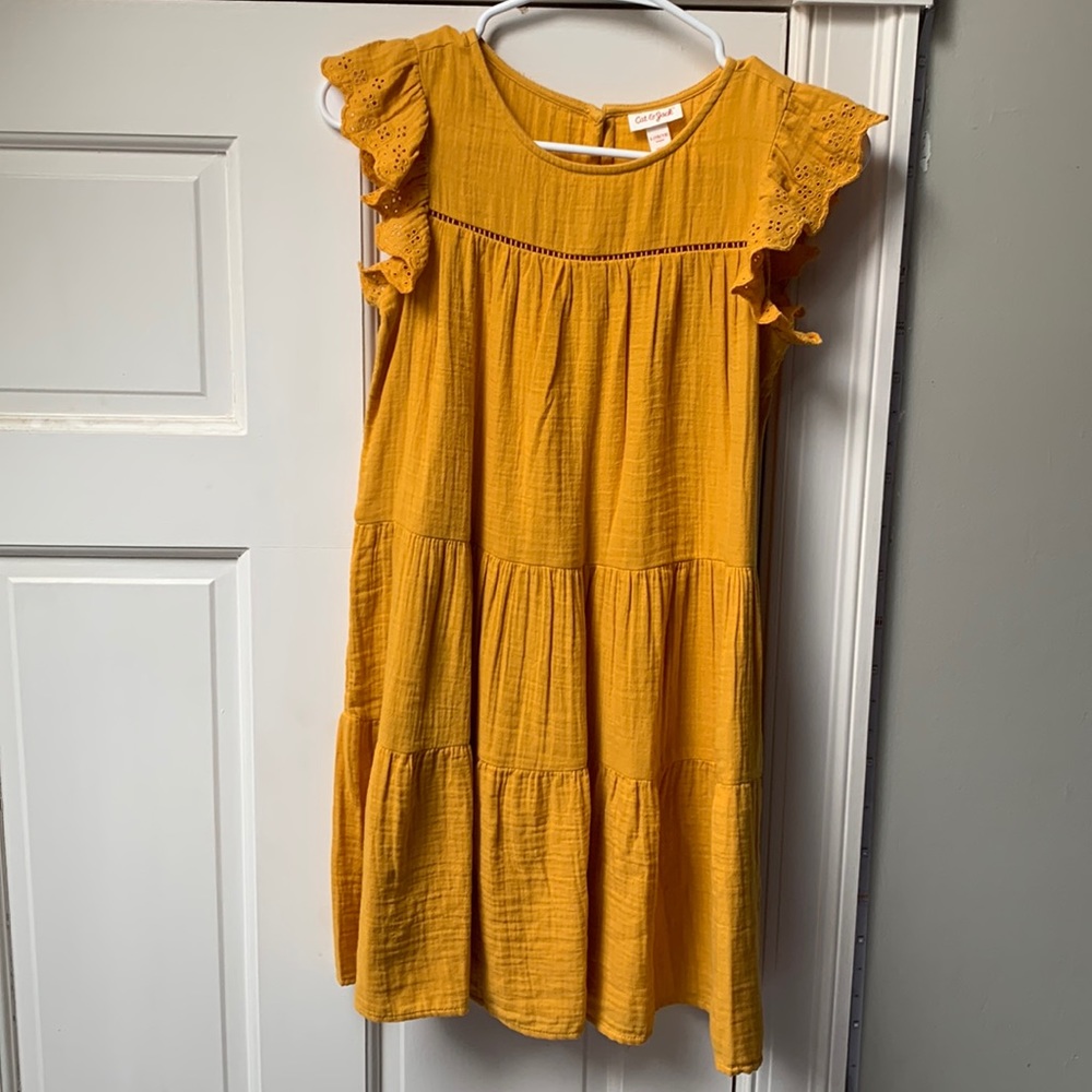 Cat & Jack childrens dress, worn once, size 10-12, mustard, ruffle detail sleeve